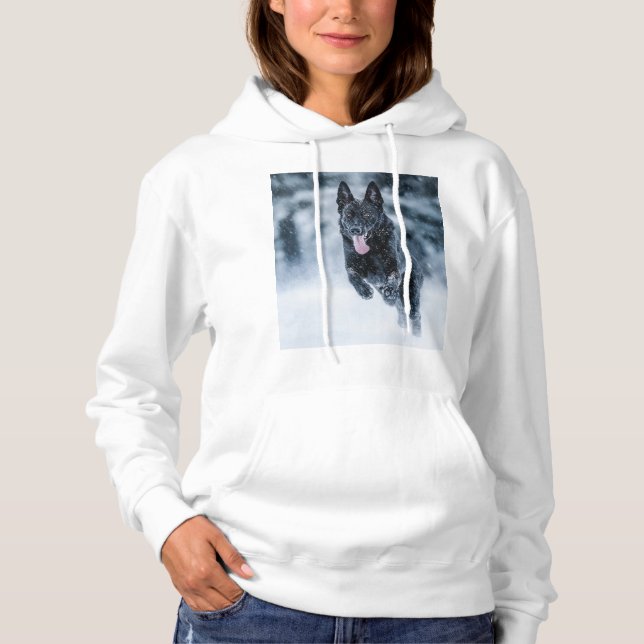 Black German Shepherd in snow Duvet Cover Hoodie (Front)
