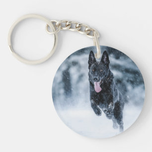 Black German Shepherd in snow Duvet Cover Key Ring