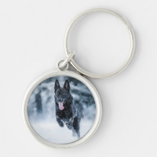 Black German Shepherd in snow Duvet Cover Key Ring