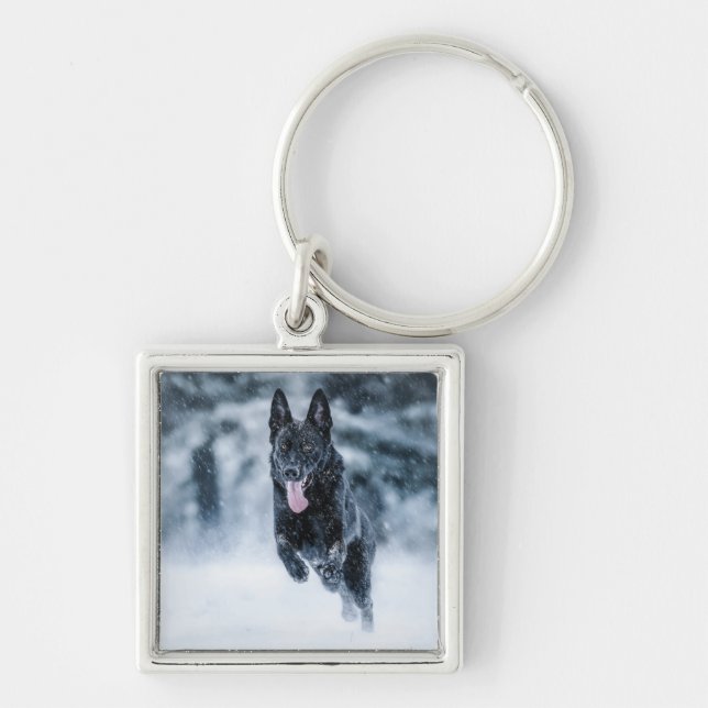 Black German Shepherd in snow Duvet Cover Key Ring (Front)