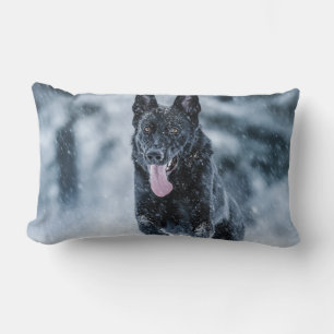 Black German Shepherd in snow Duvet Cover Lumbar Cushion