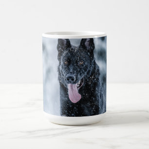 Black German Shepherd in snow Duvet Cover Magic Mug