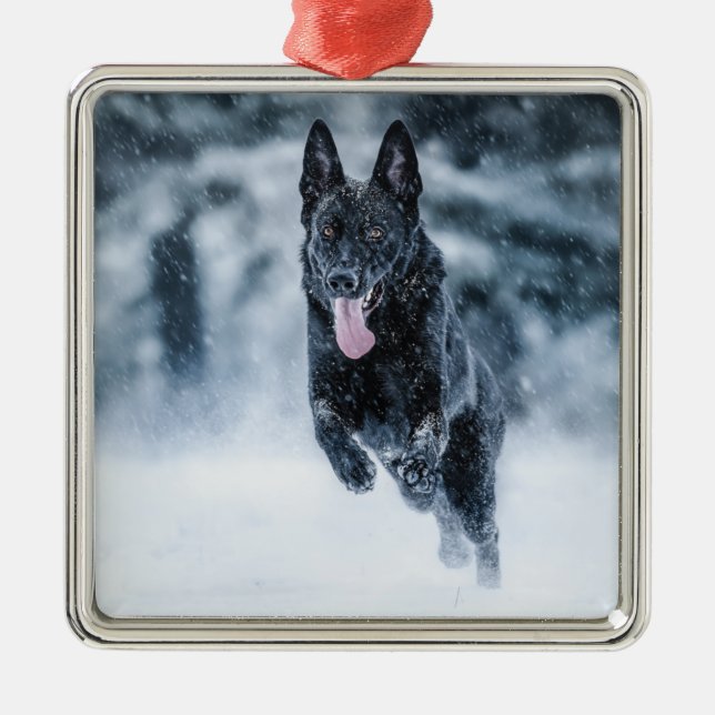 Black German Shepherd in snow Duvet Cover Metal Tree Decoration (Front)