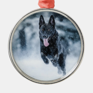 Black German Shepherd in snow Duvet Cover Metal Tree Decoration