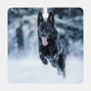 Black German Shepherd in snow Duvet Cover Metal Tree Decoration