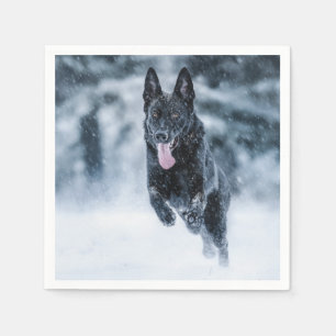 Black German Shepherd in snow Duvet Cover Napkin