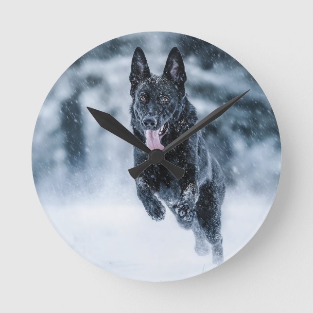 Black German Shepherd in snow Duvet Cover Round Clock (Front)