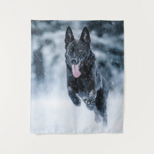 Black German Shepherd in snow Duvet Cover Tapestry