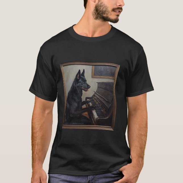 Black German Shepherd Piano Dog T-Shirt (Front)