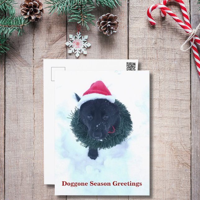 Black German Shepherd Puppy Christmas Wreath Holiday Postcard (Black German Shepherd Puppy Christmas Wreath Holiday Postcard)