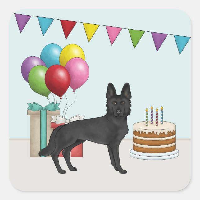 Black German Shepherd With Cake Colourful Birthday Square Sticker (Front)