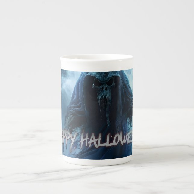 Black ghost in a hellish landscape - Halloween Bone China Mug (Front)