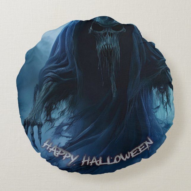 Black ghost in a hellish landscape - Halloween Round Cushion (Back)