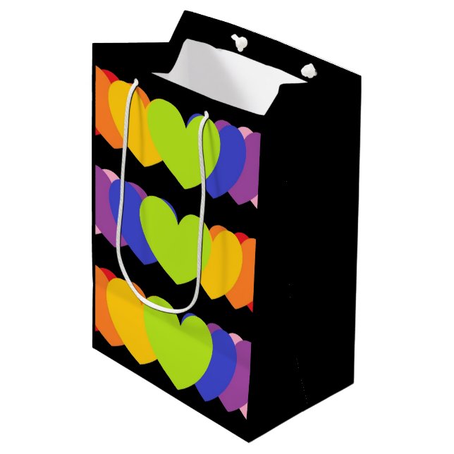 Black Gift Bag With Rainbow Hearts Various Sizes  (Front Angled)