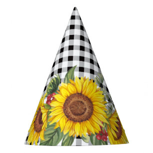 Black Gingham and Sunflowers Floral Girls Party Hat