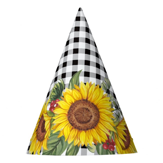 Black Gingham and Sunflowers Floral Girls Party Hat (Front)