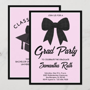 Black Gingham Bow Graduation Party Invitation