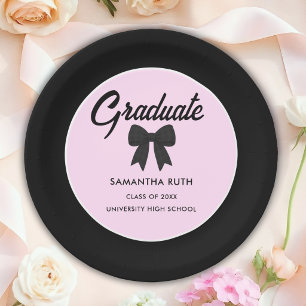 Black Gingham Bow Graduation Party Paper Plate