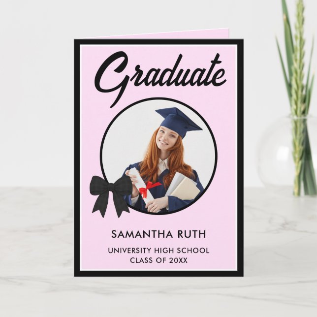 Black Gingham Bow Photo Graduation Card (Front)