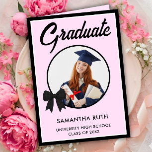 Black Gingham Bow Photo Graduation Card