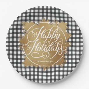 Black Gingham Check Gold Faux Foil Holiday Paper Plate