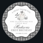 Black Gingham Cute Boo Ghost Birthday Party Favour Classic Round Sticker<br><div class="desc">Hey Boo! Get ready for a spooktacular celebration with our Cute Ghost theme party decor! This charming design features an adorable ghost holding a pumpkin candy basket, set against a black wavy border and a preppy gingham background. Perfect for a fun and festive Halloween celebration. Let's get spooky in style...</div>