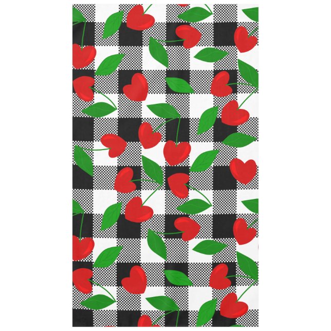black gingham Heart Shape Cherry rockabilly Tablecloth (Front)