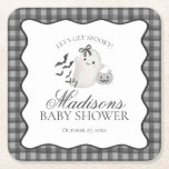 Black Gingham Little Boo Ghost Baby Shower Bar Square Paper Coaster<br><div class="desc">A little boo is almost due! Get ready for a spooktacular celebration with our Cute Ghost theme party decor! This charming design features an adorable ghost holding a pumpkin candy basket, set against a black wavy border and a preppy gingham background. Perfect for a fun and festive Halloween celebration. Let's...</div>