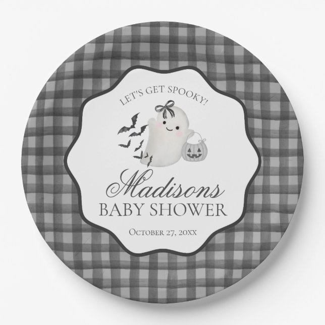 Black Gingham Little Boo Ghost Baby Shower Dessert Paper Plate (Front)