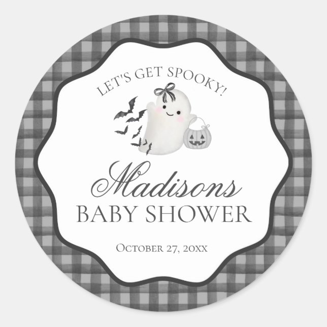 Black Gingham Little Boo Ghost Baby Shower Seal (Front)
