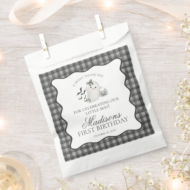 Black Gingham Little Boo Ghost Birthday Dessert Favour Bags (Clipped)