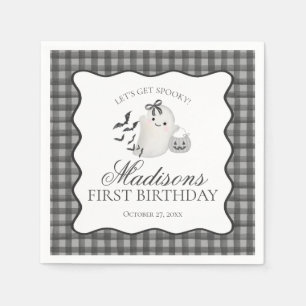 Black Gingham Little Boo Ghost Birthday Dessert Napkin