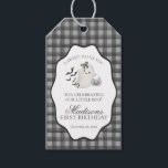 Black Gingham Little Boo Ghost Birthday Favours Gift Tags<br><div class="desc">Hey boo! Get ready for a spooktacular celebration with our Cute Ghost theme party decor! This charming design features an adorable ghost holding a pumpkin candy basket, set against a black wavy border and a preppy gingham background. Perfect for a fun and festive Halloween celebration. Let's get spooky in style...</div>