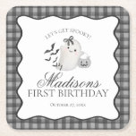 Black Gingham Little Boo Ghost Birthday Party Bar Square Paper Coaster<br><div class="desc">Hey Boo! Get ready for a spooktacular celebration with our Cute Ghost theme party decor! This charming design features an adorable ghost holding a pumpkin candy basket, set against a black wavy border and a preppy gingham background. Perfect for a fun and festive Halloween celebration. Let's get spooky in style...</div>