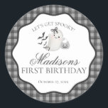 Black Gingham Little Boo Ghost Birthday Party Seal<br><div class="desc">Hey Boo! Get ready for a spooktacular celebration with our Cute Ghost theme party decor! This charming design features an adorable ghost holding a pumpkin candy basket, set against a black wavy border and a preppy gingham background. Perfect for a fun and festive Halloween celebration. Let's get spooky in style...</div>