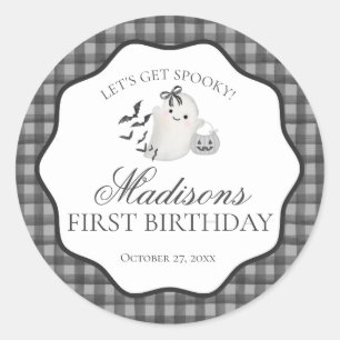 Black Gingham Little Boo Ghost Birthday Party Seal