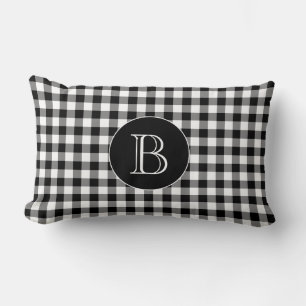 Black Gingham Pattern Custom Monogram Lumbar Cushion