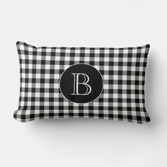Black Gingham Pattern Custom Monogram Lumbar Cushion (Front)