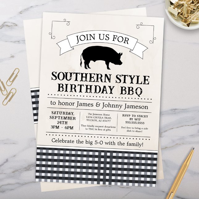 Black Gingham Southern BBQ Pig Roast Birthday Invitation (Southern Style BBQ Cookout Birthday Party Invitation with Black and White Gingham)