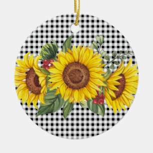 Black Gingham Sunflower Custom Party Favour  Ceramic Tree Decoration