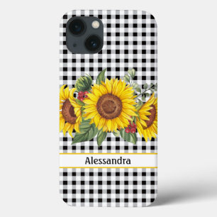 Black Gingham Sunflower Personalised iPhone 13 Case