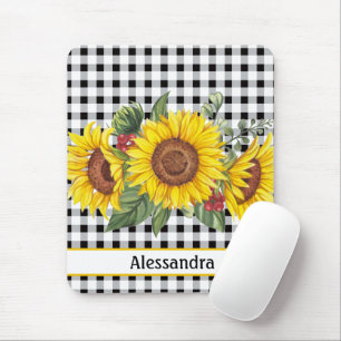 Black Gingham Sunflower Personalised  Mouse Pad