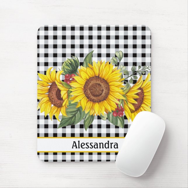 Black Gingham Sunflower Personalised  Mouse Pad (With Mouse)