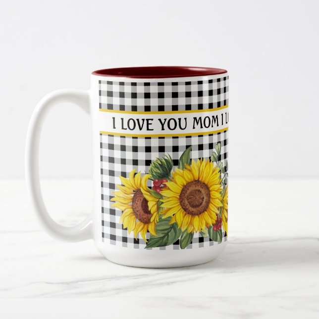 Black Gingham Sunflowers Create Your Own Phrase Two-Tone Coffee Mug (Left)