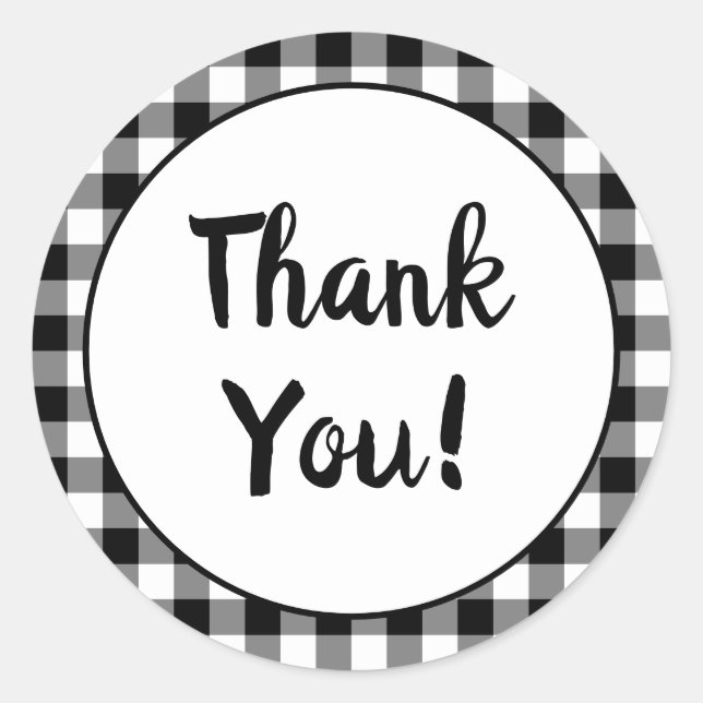 Black Gingham Thank You Classic Round Sticker (Front)