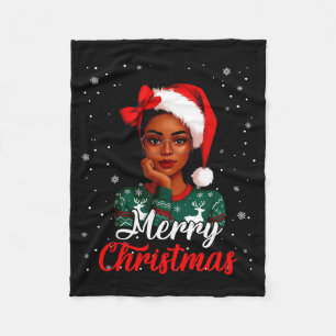 Black Girl Afro Santa Hat Merry Christmas African  Fleece Blanket