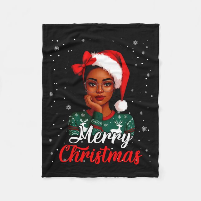 Black Girl Afro Santa Hat Merry Christmas African  Fleece Blanket (Front)