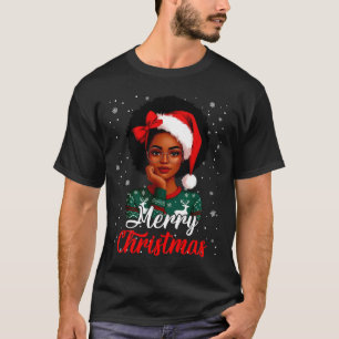 Black Girl Afro Santa Hat Merry Christmas African  T-Shirt