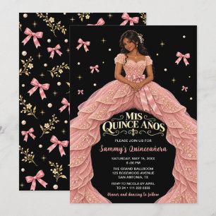 Black Girl Blush Pink Bow Quinceañera Invitation