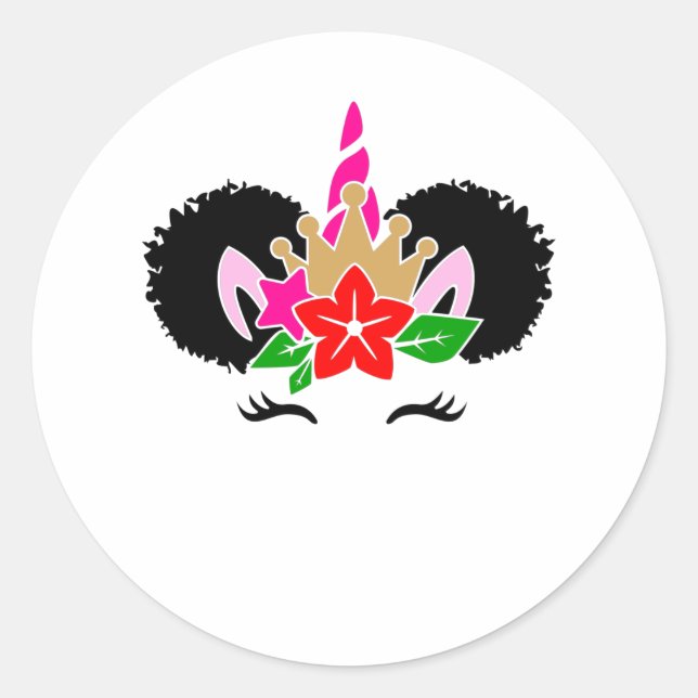 Black Girl Cute Unicorn Afro Puffs Melanin Women Classic Round Sticker (Front)